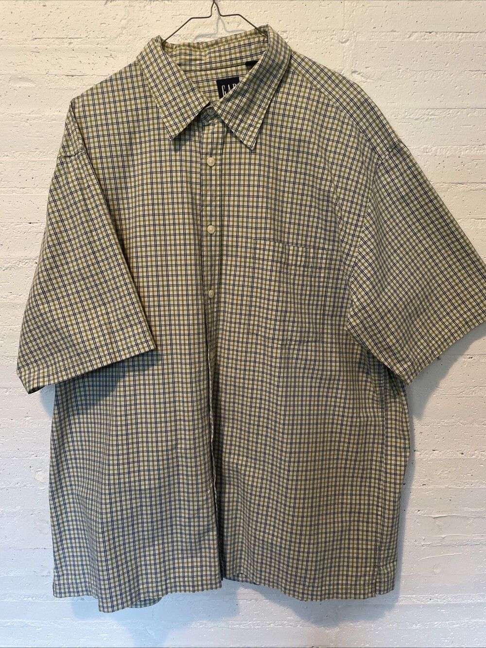 Gap Men’s Short Sleeve Plaid Button Down Collared Blue And Green XL